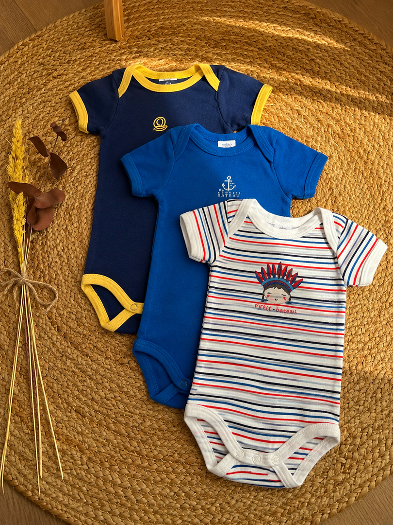 Lot de 3 bodies col Us Petit Bateau 3 mois bleu garçon été manches courtes
