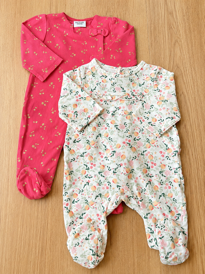 Lot de 2 pyjamas 1 pièce en jersey mi-saison fille Tape à l'œil Tao 3 mois rose fleuri