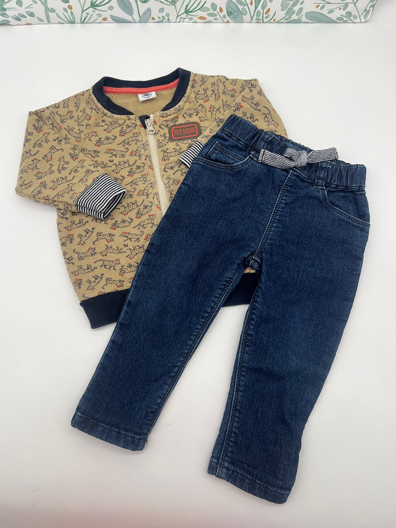 Ensemble Petit Bateau 12 mois garçon mi-saison gilet manches longues et jean