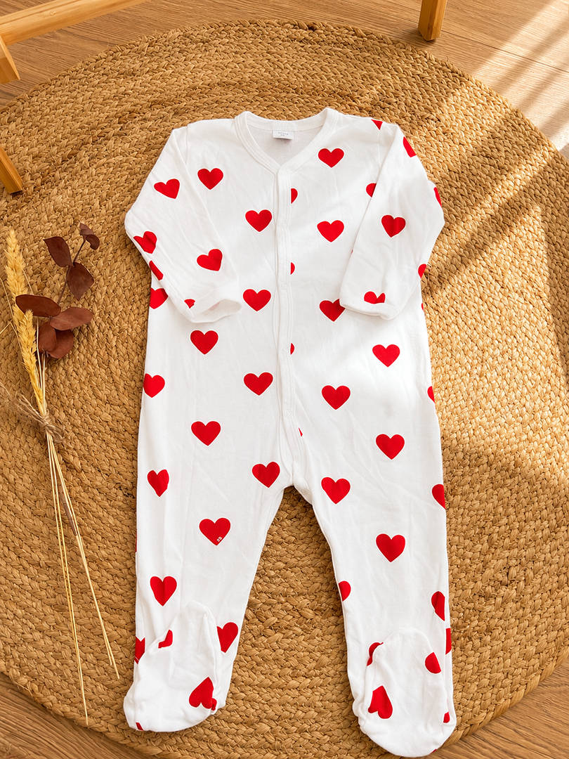 Pyjama 1 pièce jersey Petit Bateau 18 mois mixte cœurs rouges manches longues fille ou garçon