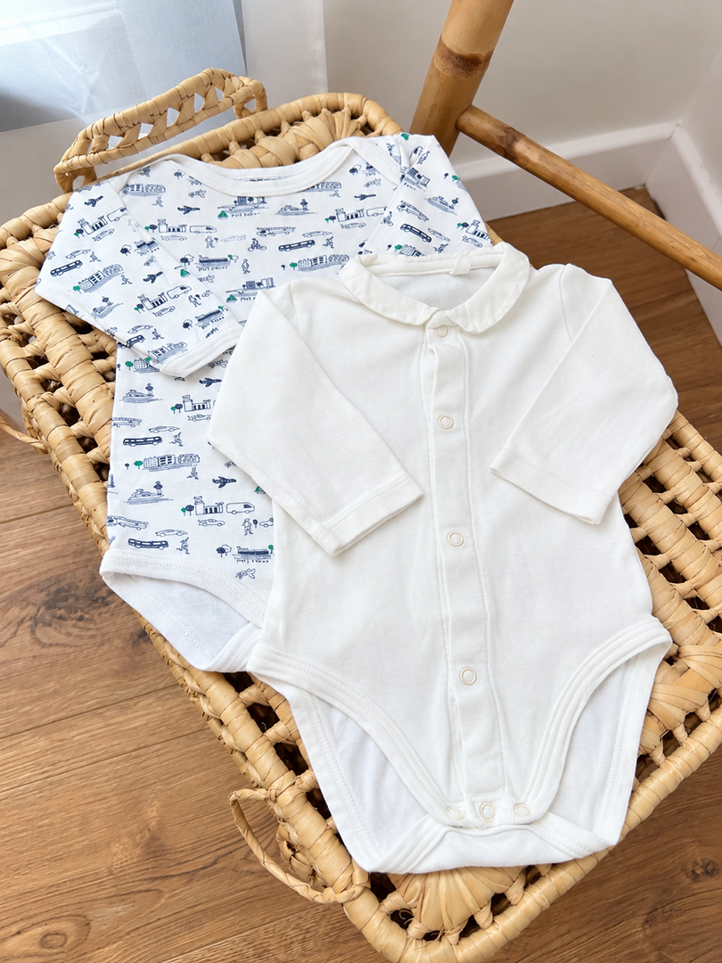 Lot de 2 bodies bébé mixte blanc mi-saison manches longues 3 mois Petit Bateau fille ou garçon
