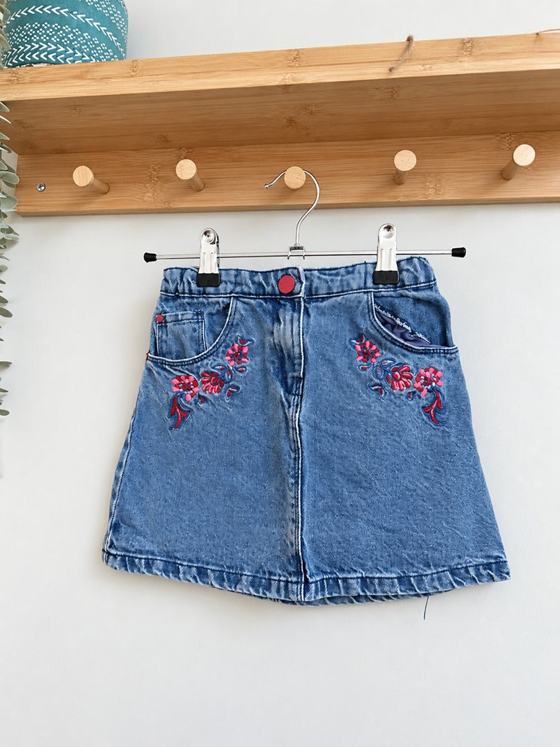Jupe en jean fille Dpam bleu brodée fleurs mi-saison 8 ans