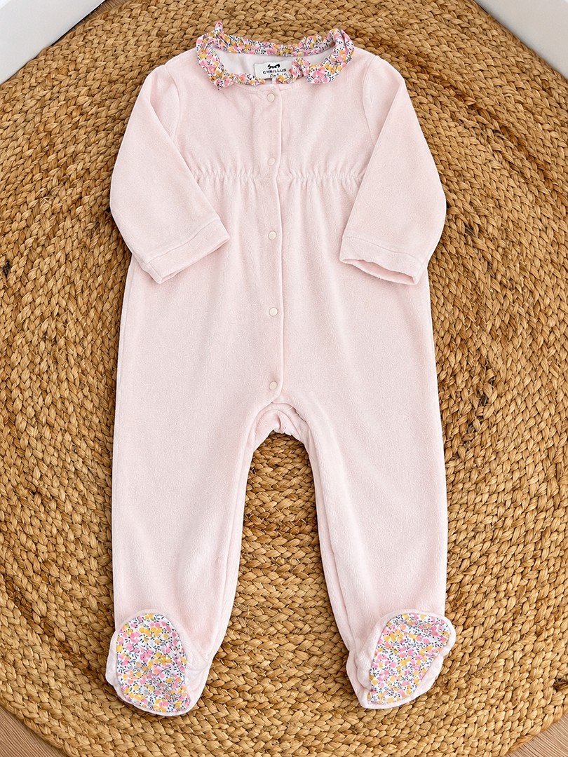 Pyjama 1 pièce velours rose joli col fleuri Cyrillus fille 18 mois hiver manches longues