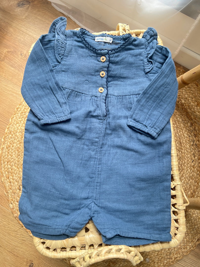 Combinaison short barboteuse gaz de ton Bio fille bleu 6 mois mi-saison