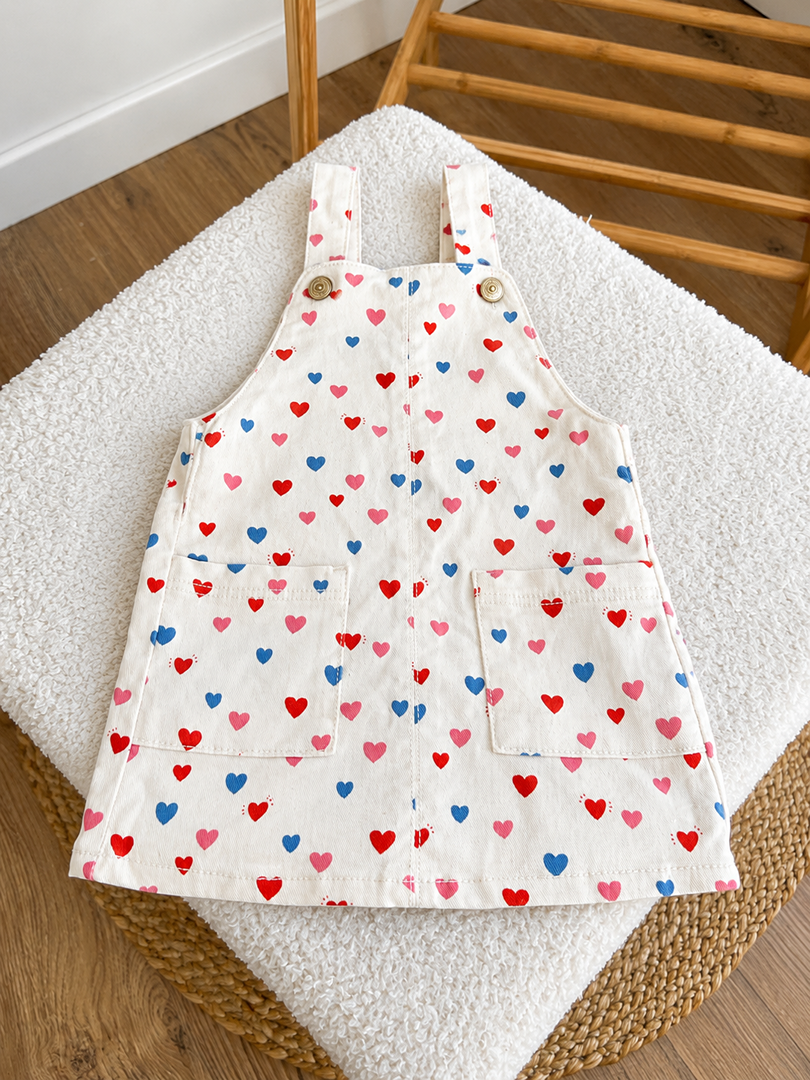 Robe salopette fille Tape à l'œil 6 mois crème à motifs cœurs mi-saison
