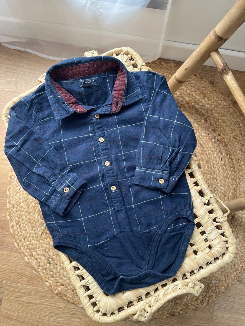 Chemise body Kiabi 12 mois garçon carreaux bleu marine manches longues