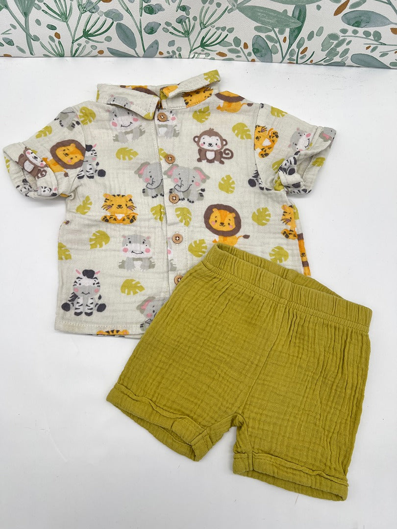 Ensemble gaz de coton chemisette short été garçon Sans marque - 3 mois - Vert imprimé animaux