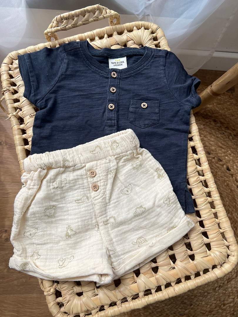 Ensemble garçon Tao & Vertbaudet 6 mois bleu crème été t-shirt short gaz de coton