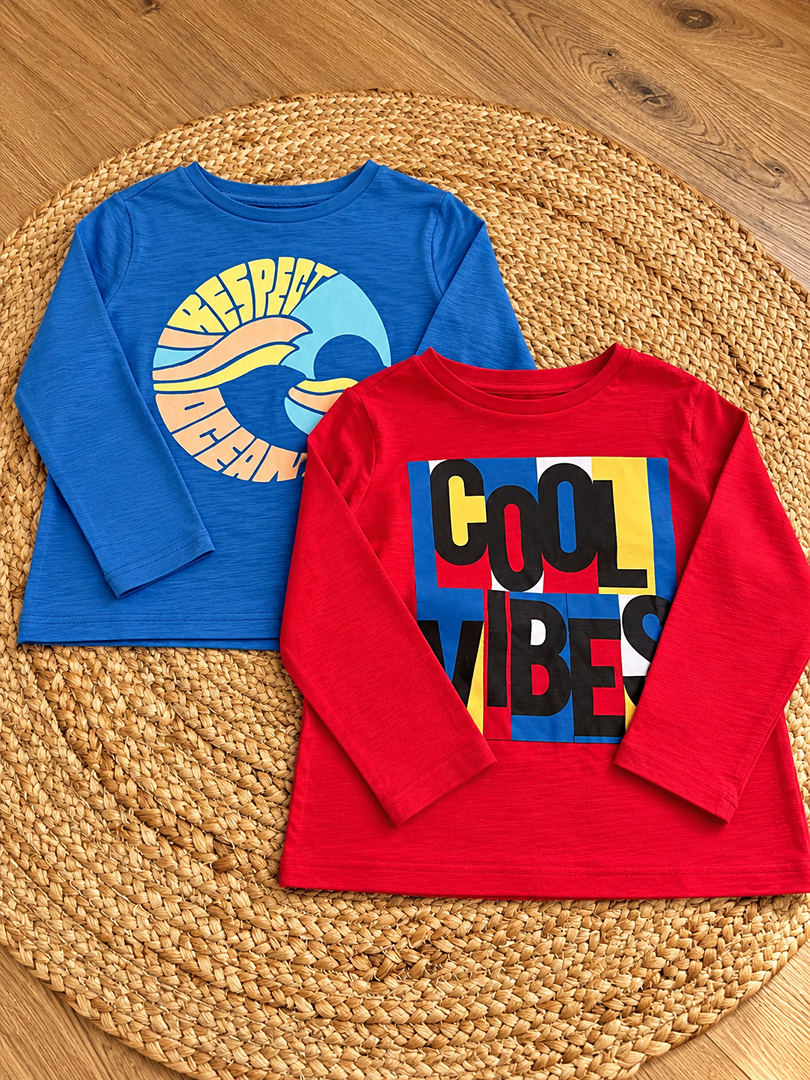 Lot de 2 t-shirts manches longues garçon mi-saison rouge bleu 5 ans Dpam
