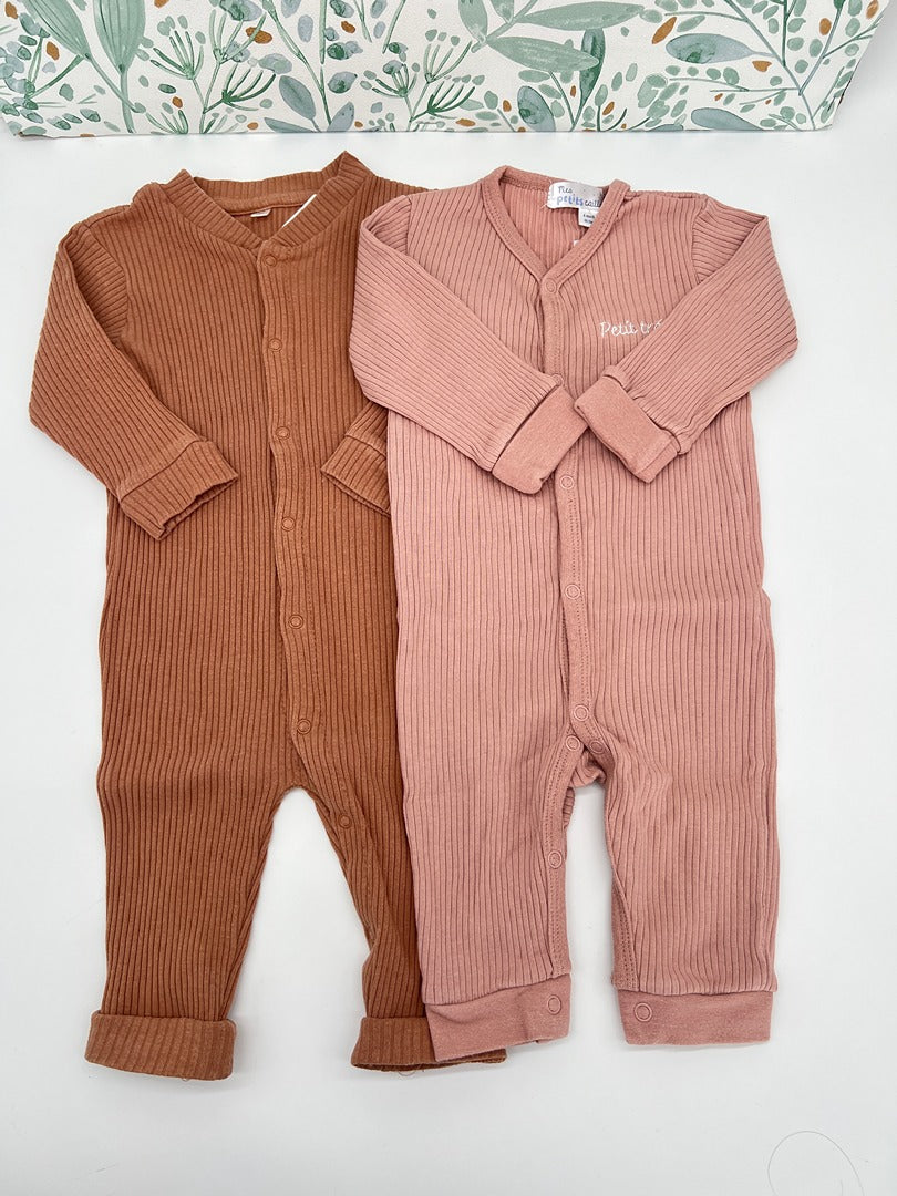 Lot 2 Pyjamas combinaison côtelé Mes Petits Cailloux Fille 6 mois Brun Rose