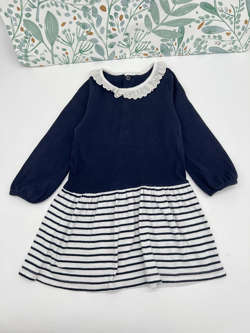 Robe manches longues joli col et rayures fille Petit Bateau - 2 ans - Bleu marine