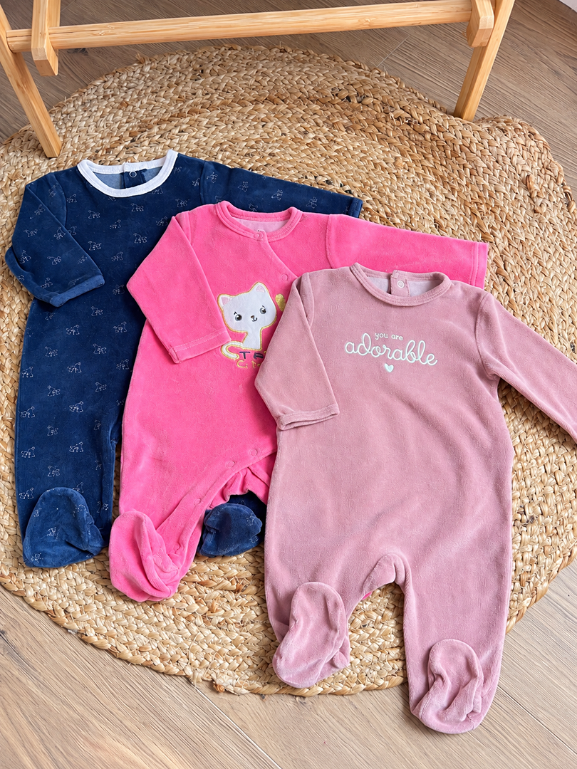 Lot 3 pyjamas 1 pièce velours fille 3 mois hiver manches longues
