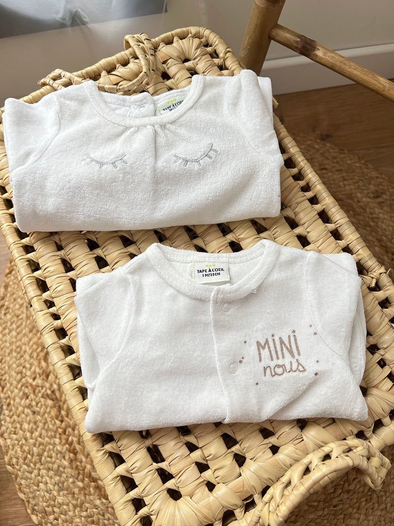 Lot 2 dors-bien pyjama 1 pièce velours Tape à l'œil 1 mois blanc velours mixte fille ou garçon