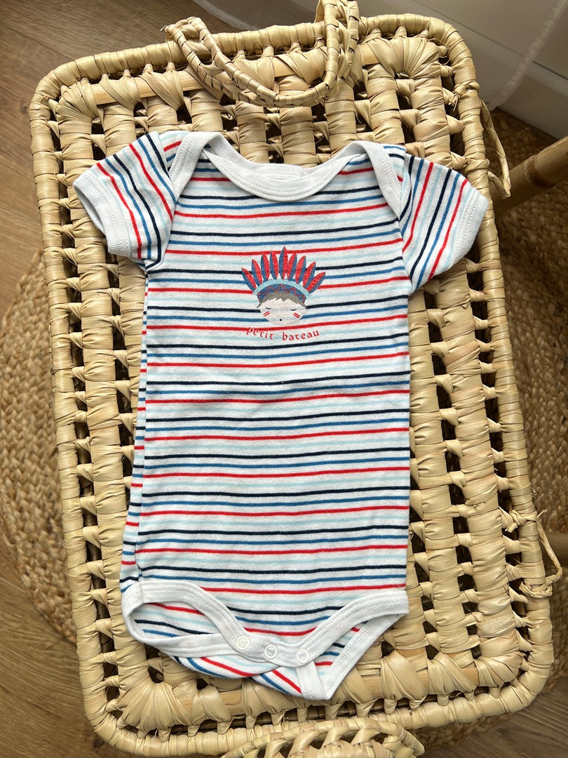 Body Petit Bateau 3 mois mixte rayé bleu rouge manches courtes été fille ou garçon