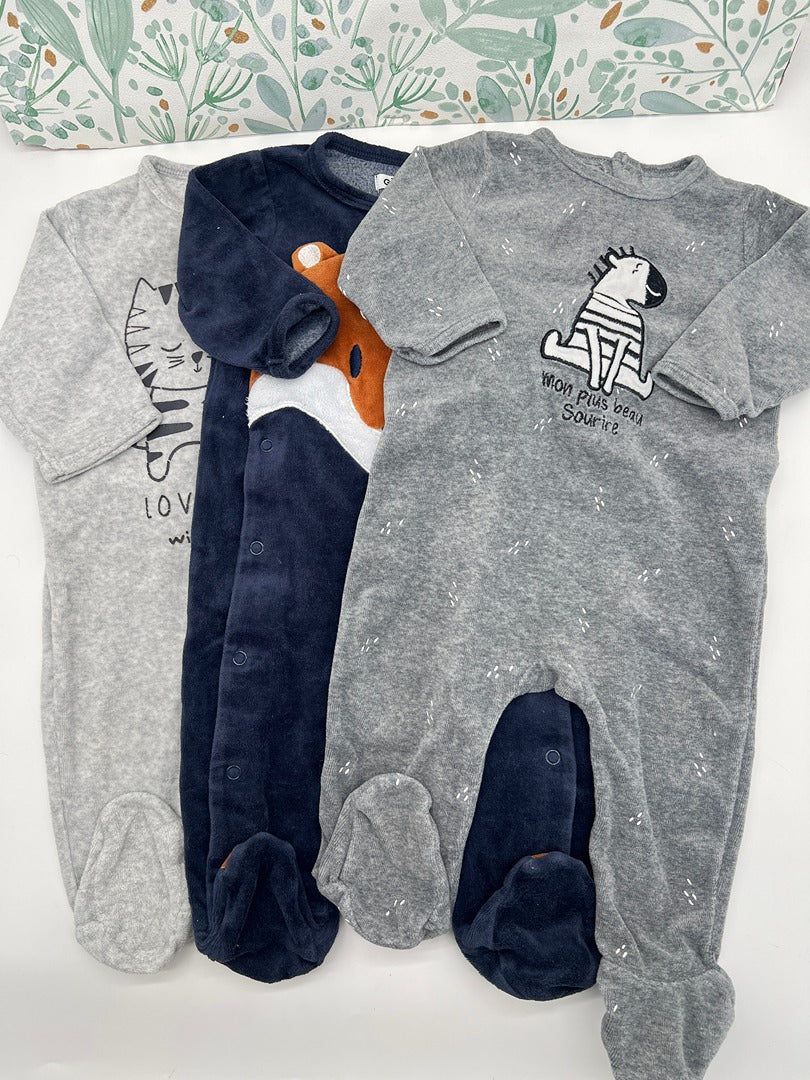 Lot 3 pyjamas 1 pièce en velours garçon Kiabi - 9 mois - Gris claire et foncé bleu marine