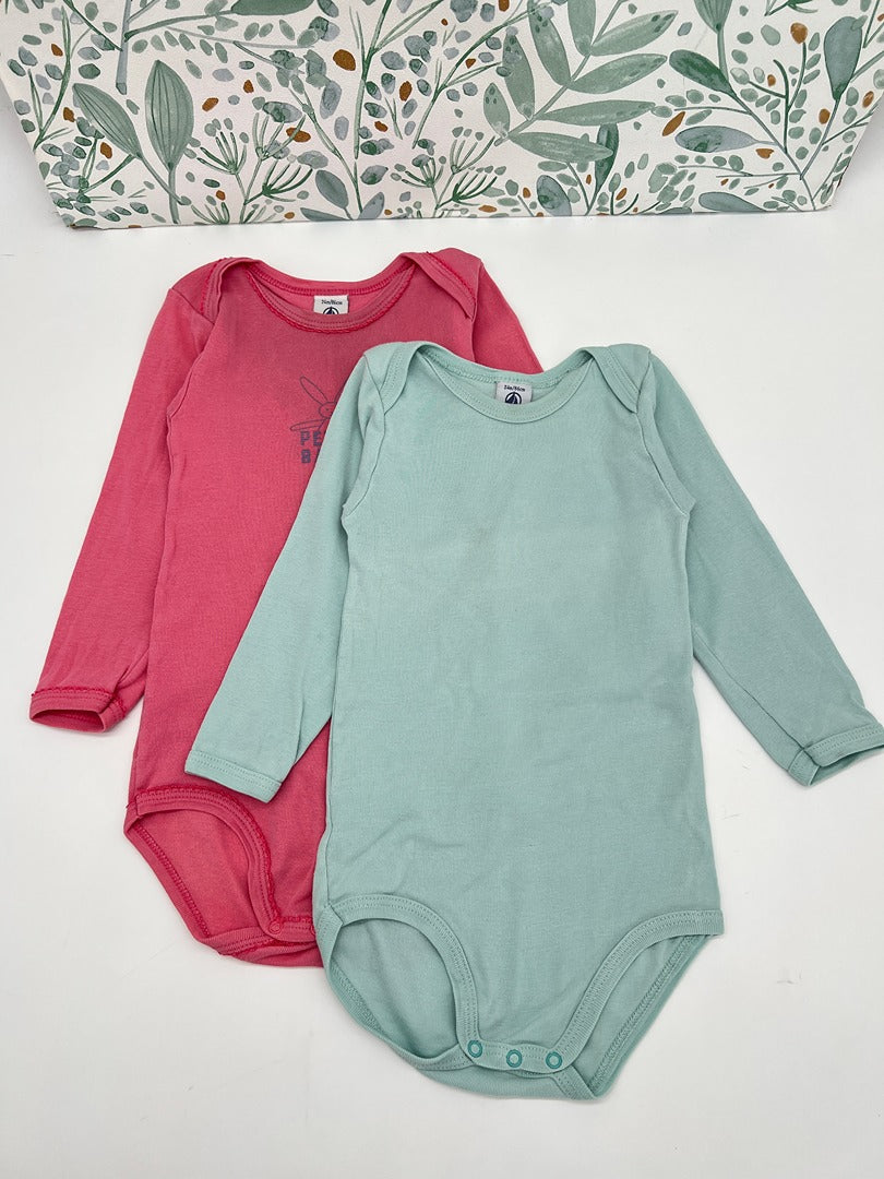 Lot 2 bodies manches longues col Us Petit Bateau rose et menthe 2 ans fille
