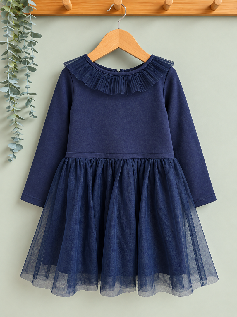 Robe fille Okaidi bleu marine 5 ans manches longues hiver joli col et tulle