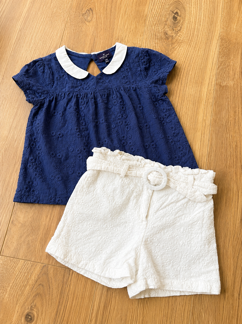 Ensemble short blouse broderie anglaise fille Sergent Major 4 ans été bleu blanc manches courtes