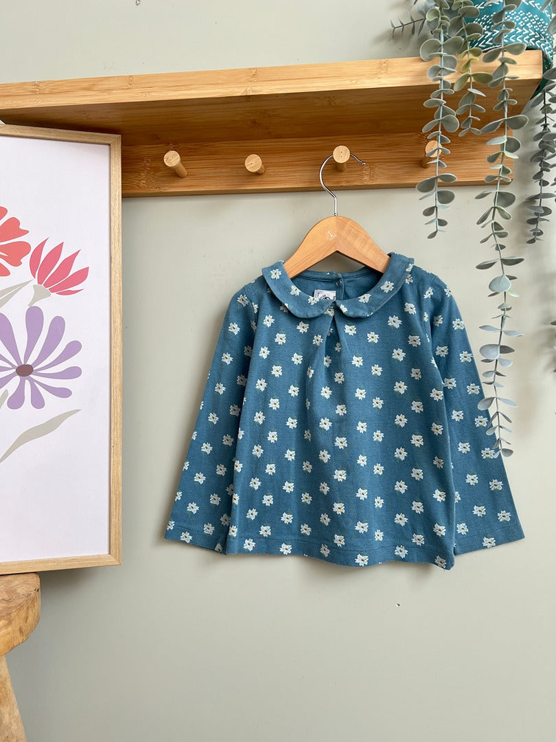 T-shirt Petit Bateau fille 3 ans bleu col claudine mi-saison manches longues