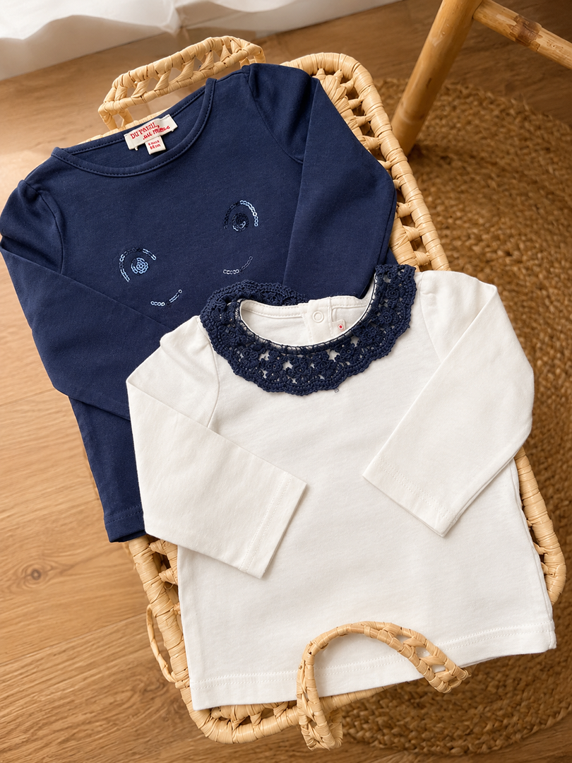 Lot 2 T-shirts Manches Longues Fille 6 Mois Du Pareil Au Même mi-saison blanc bleu