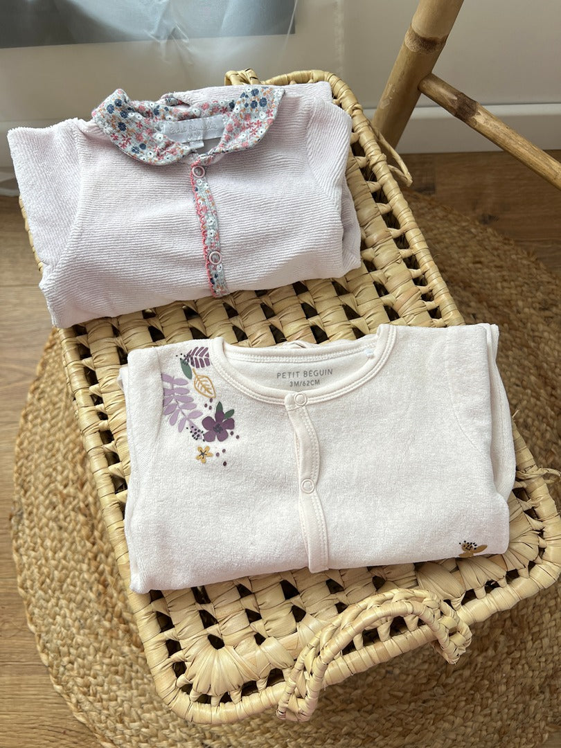 Lot de 2 pyjamas 1 pièce en velours fille Cadet Rousselle Petit Beguin 3 mois rose manches longues