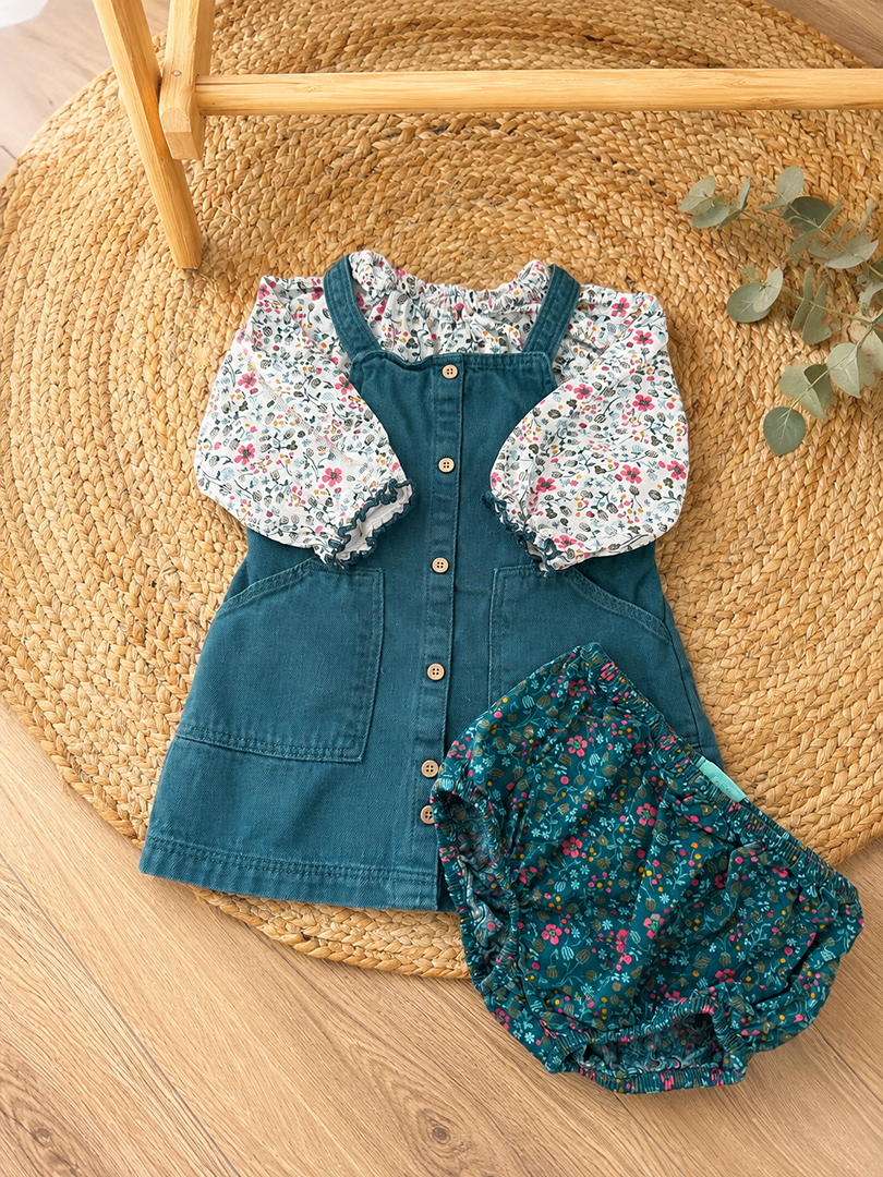 Ensemble robe salopette blouse bloomer assorti fleurie fille Obaïbi mi-saison 18 mois