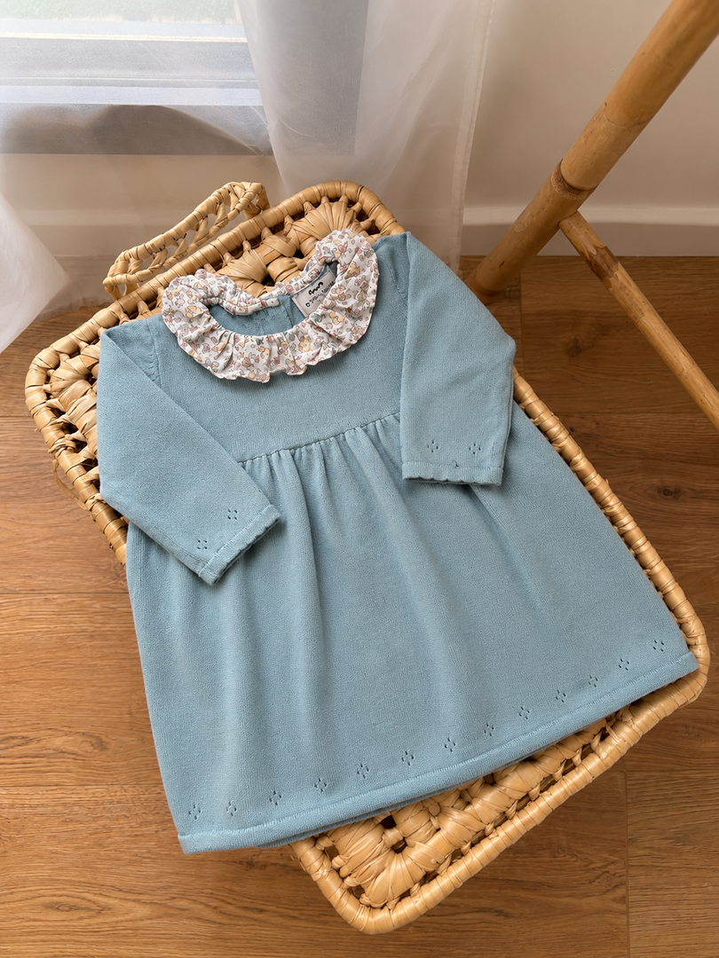 Robe fille Cyrillus bleu 9 mois mi-saison manches longues joli col
