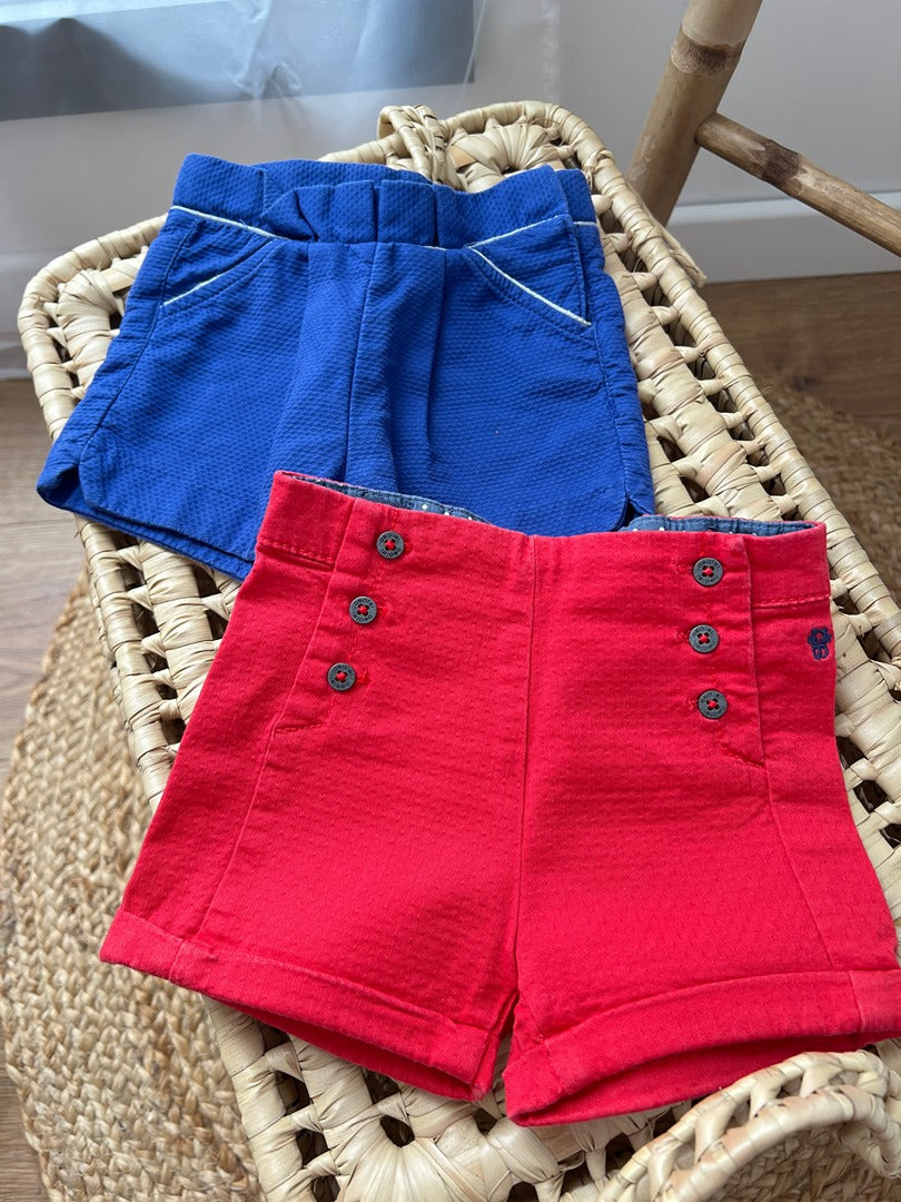 Lot 2 shorts Obaïbi 3 mois fille bleu et rouge été