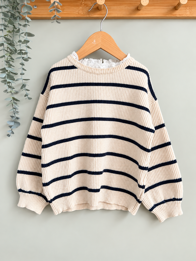 Pull fille rayé beige et noir Vertbaudet mi-saison manches longues 5 ans joli col
