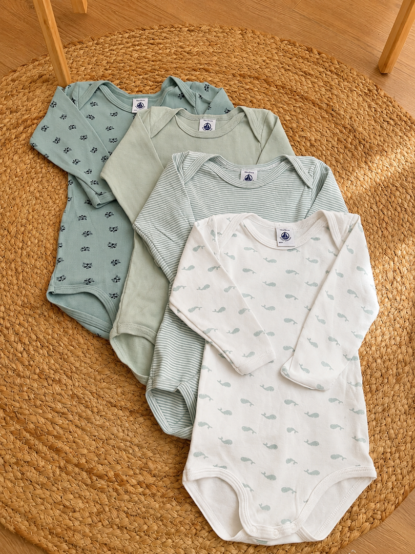 Lot de 4 bodies manches longues col Us garçon Petit Bateau 18 mois vert mi-saison