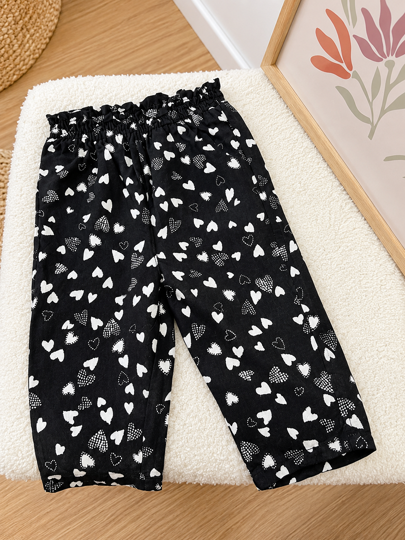 Sarouel pantalon fluide Fille Orchestra 9 Mois Cœurs Noir Blanc mi-saison
