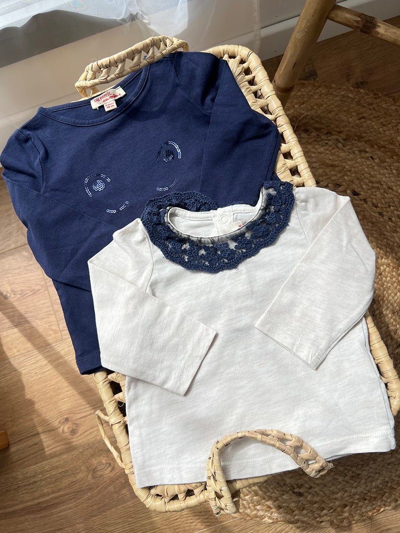 Lot 2 t-shirts fille manches longues Dpam 6 mois mi-saison