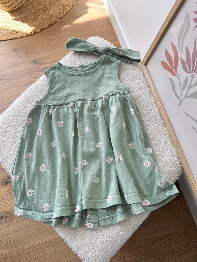 Robe + bandeau Vertbaudet 6 mois vert sauge fleurs fille été