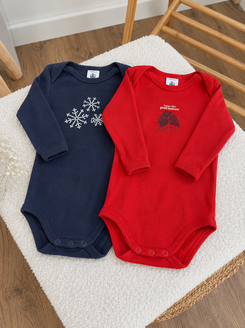Lot de 2 bodies col Us manches longues Petit Bateau 9 mois mixte hiver rouge et bleu fille ou garçon