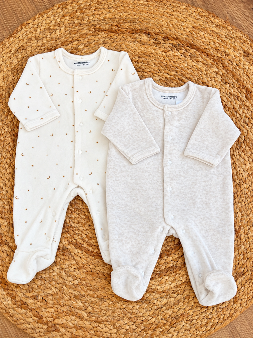 Lot de 2 pyjamas 1 pièce velours blancs manches longues vertbaudet mixte 1 mois - garçon ou fille