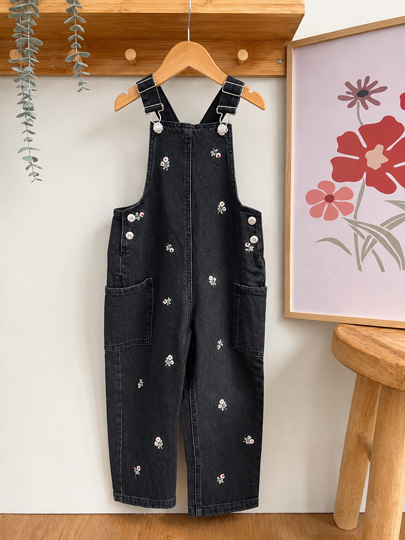 Salopette fille Zara 4 ans en jean gris brodé fleurs mi-saison