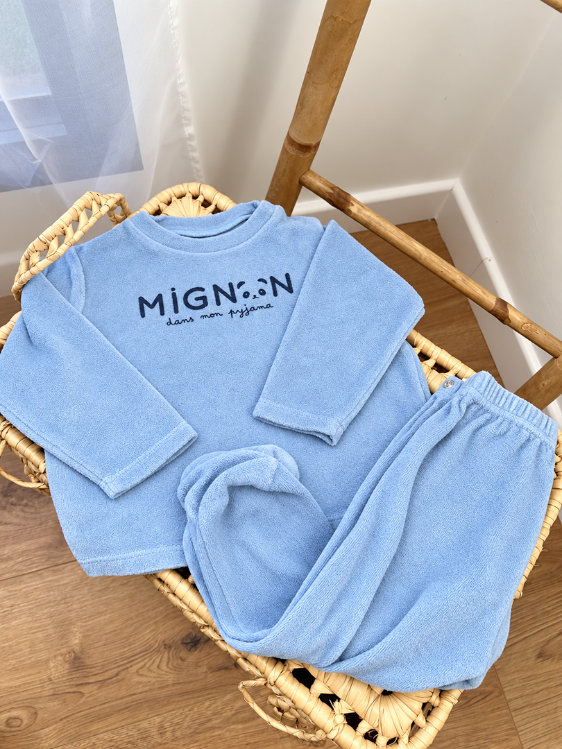 Pyjama 2 pièces garçon Mots d'enfants bleu clair velours hiver manches longues 12 mois