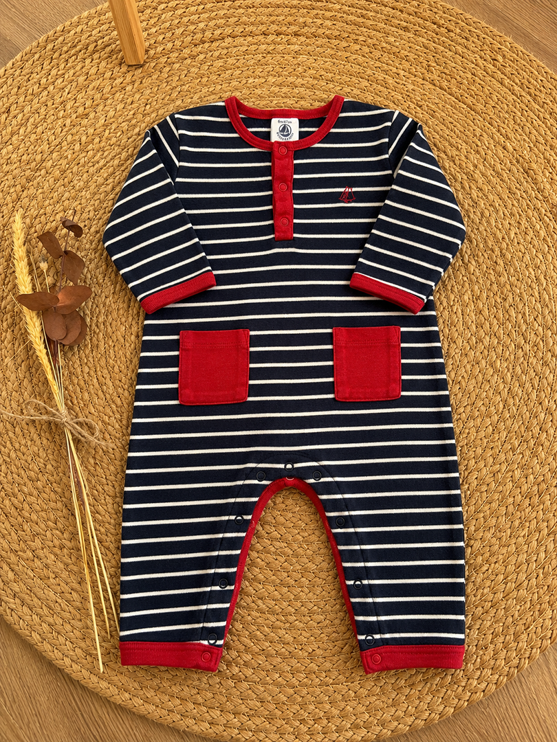 Combinaison Petit Bateau 6 mois garçon rayé bleu marine mi-saison