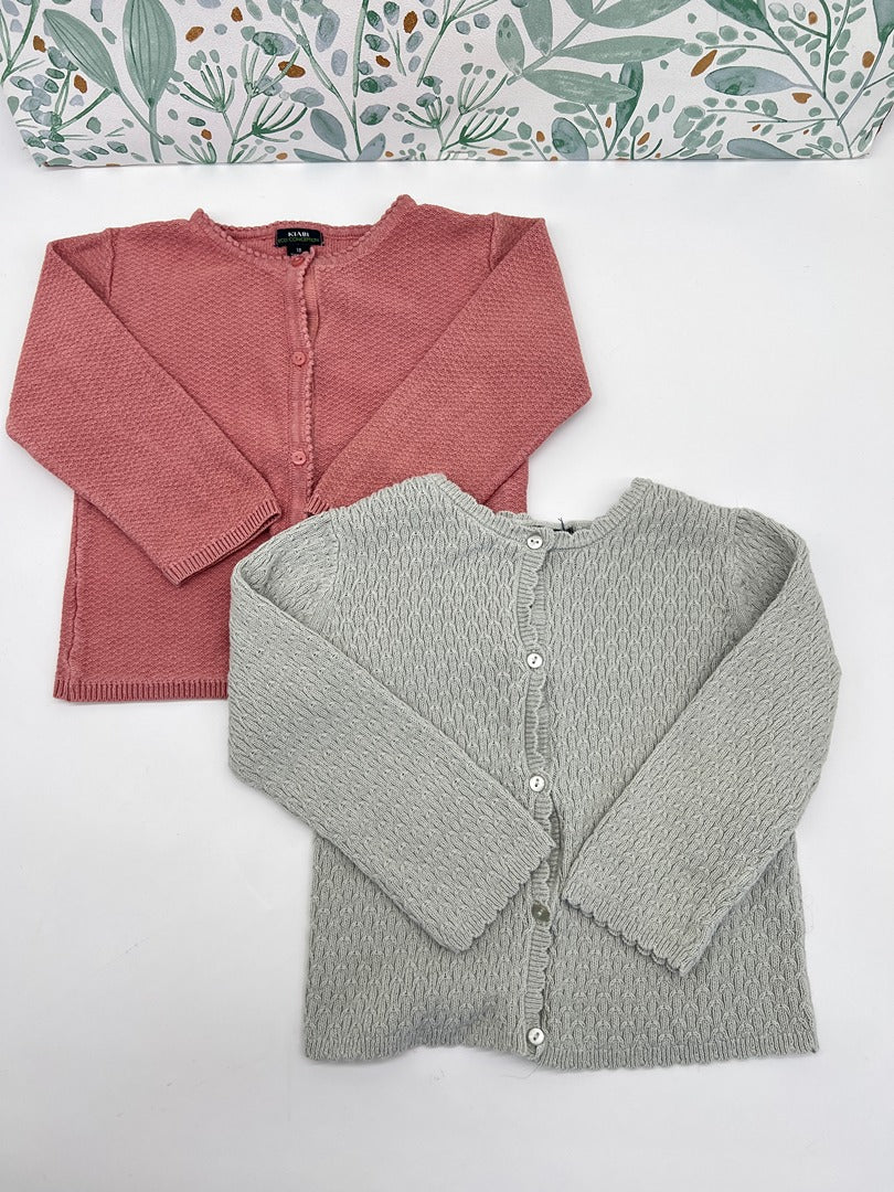 Lot 2 gilets fille Kiabi 18 mois gris/vert rose mi-saison manches longues