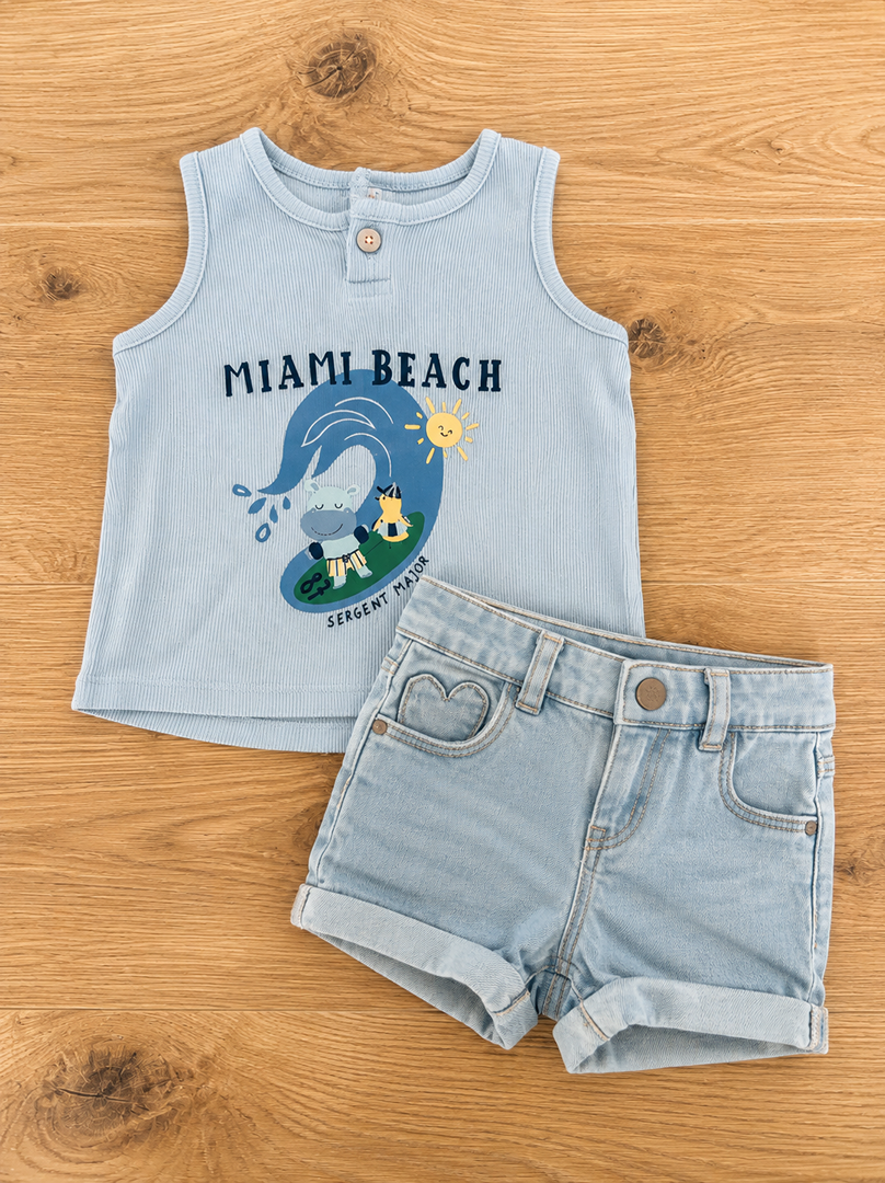 Ensemble été bleu short en jean débardeur côtelé fille Sergent Major Tape à l'œil 9 mois