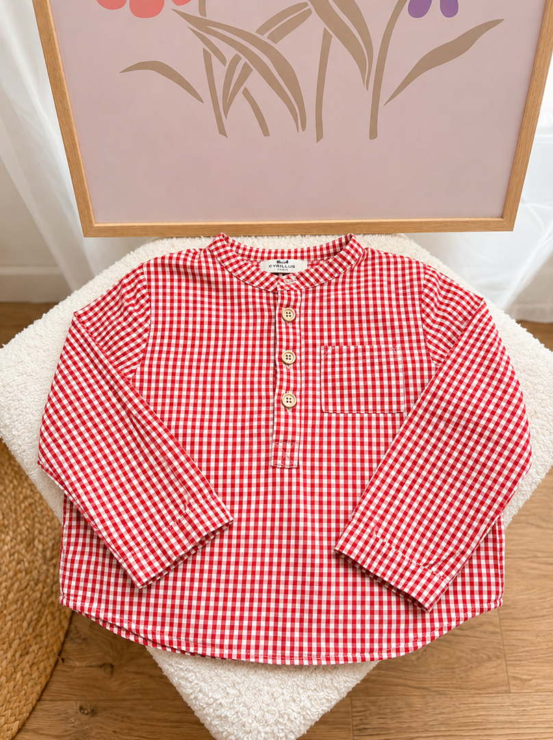 Chemise col Mao garçon Cyrillus 3 ans vichy rouge manches longues mi-saison - Cérémonie