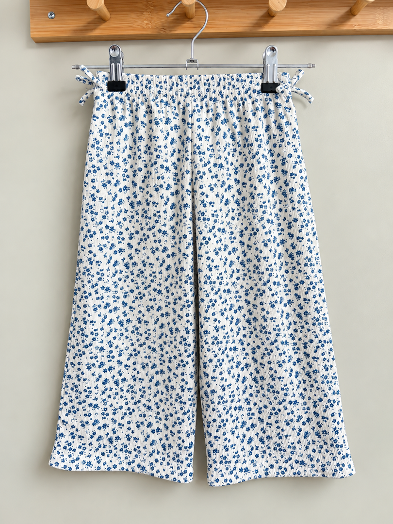 Pantalon large fille Zara blanc et bleu fleuri mi-saison 4 ans