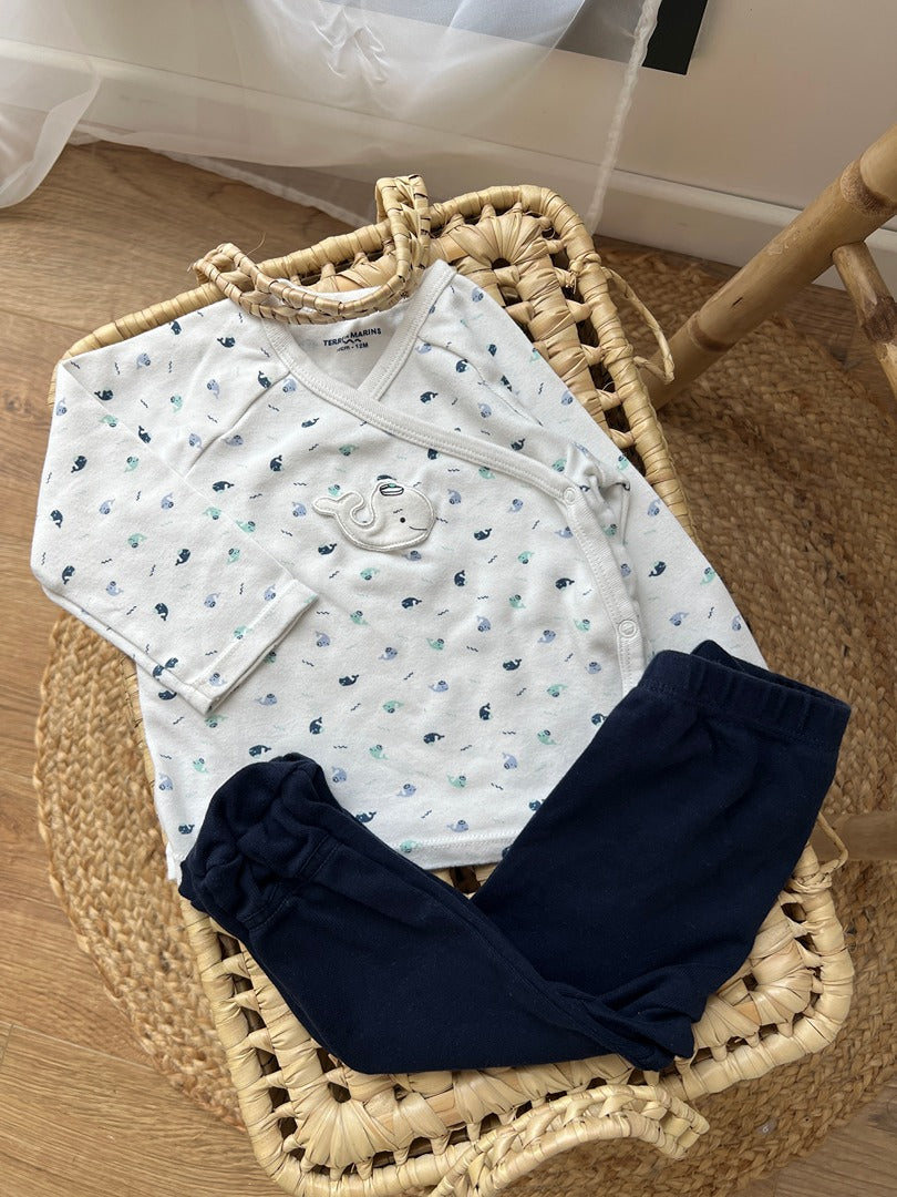 Ensemble garçon Terre de Marins blanc 12 mois mi-saison t-shirt croisé legging pied