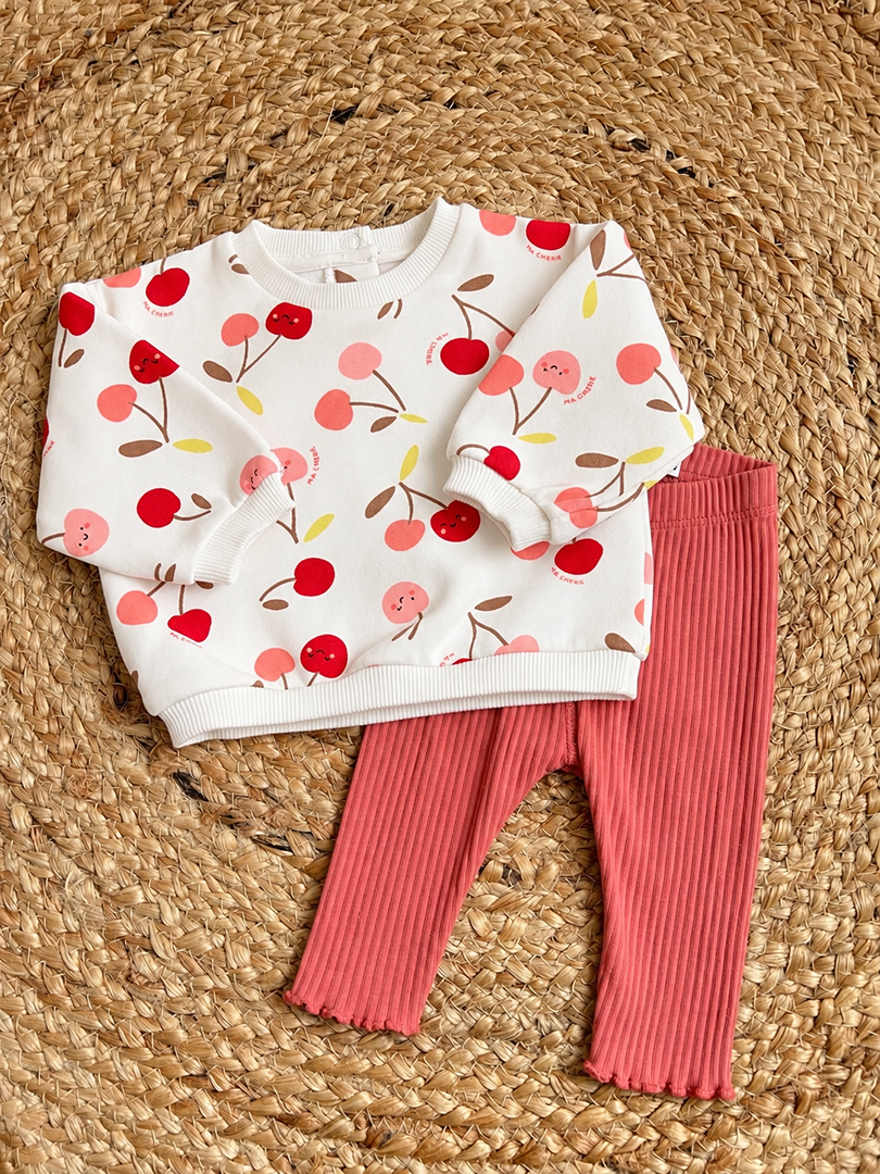 Ensemble fille Gemo 3 mois mi-saison sweat manches longues blanc et legging rose