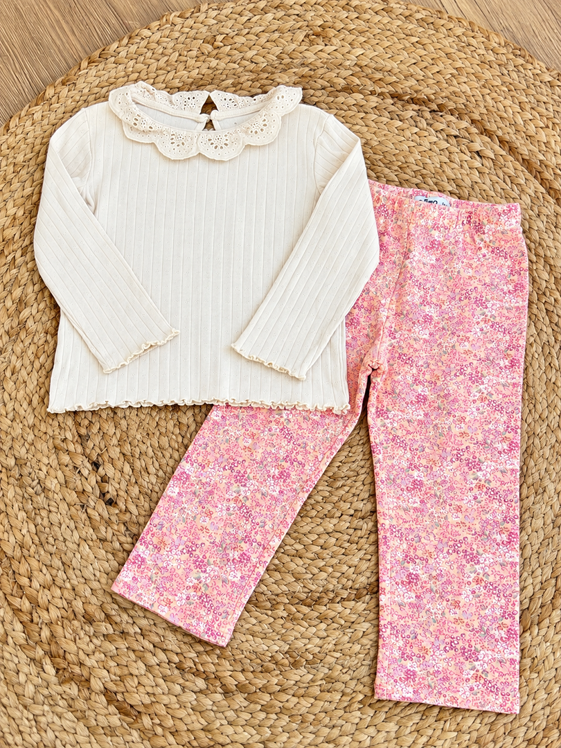 Ensemble fille mi-saison blanc et rose manches longues 3 ans top côtelé joli col legging