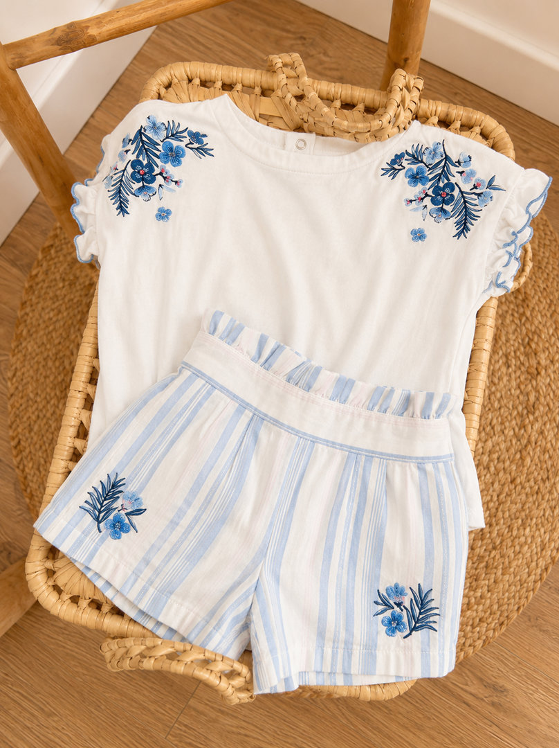 Ensemble t-shirt broderie short rayé été fille Sergent Major 2 ans manches courtes