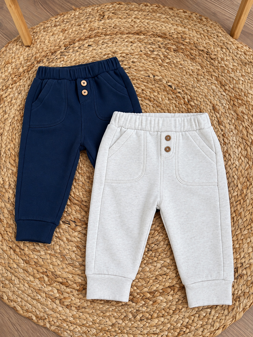 Lot 2 pantalons joggings molletonnés garçon Tape à l'œil beige et bleu marine 12 mois hiver