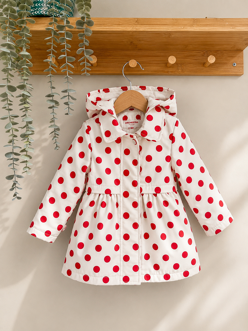Manteau imperméable fille Orchestra blanc et rouge à pois 18 mois mi-saison manches longues