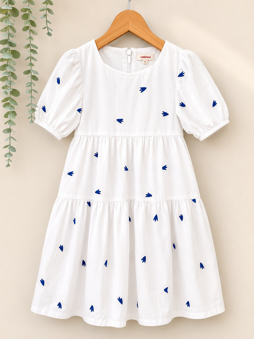 Robe Catimini fille 7 ans blanche à motifs bleus d'été manches courtes