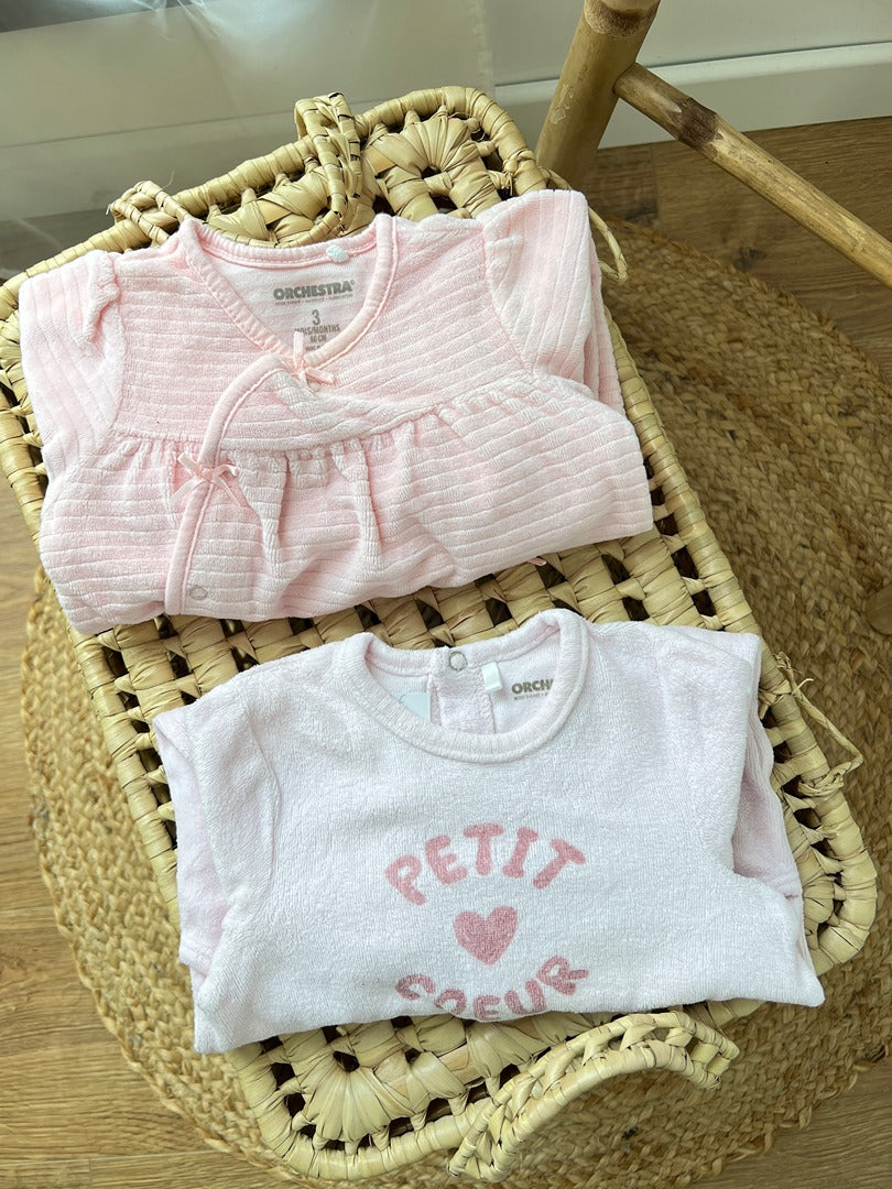 Lot de 2 pyjamas 1 pièce velours fille Orchestra 3 mois rose hiver